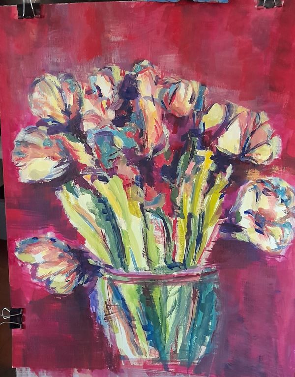Moja praca - Tulipany" tempera na papierze - jeszcze przed oprawą